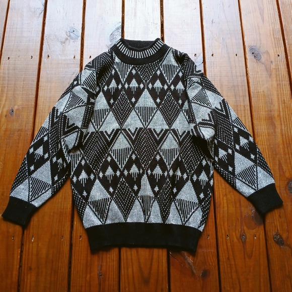 Vintage 80's 90's M/L black and sparkly silver geometric mock neck knit sweater - Picture 1 of 6